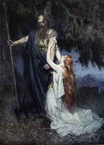 Brunhilde letérdelt a lábaihoz, J. Walker McSpadden (1874-1960) „Wagner operáinak történetei” című művéből, 1905